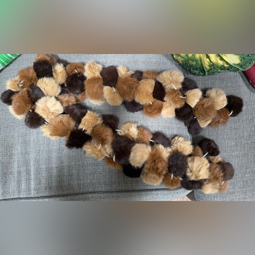 Amazing RABBIT Fur POM POMS Shades of Brown Scarf